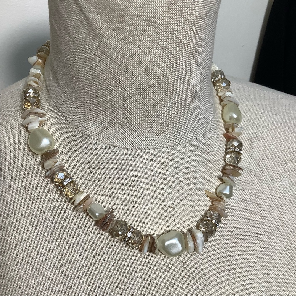 Vintage Pearl, Shell, Bead, and Crystal Necklace, Adj Approx 17-20” - Picture 11 of 12